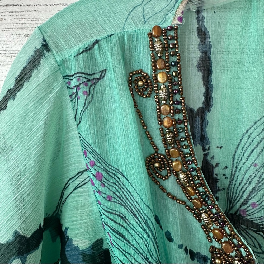 BOSTON PROPER Sheer Beaded Embellished Flutter Sleeve Baby Doll Blouse L Boho - Picture 4 of 10